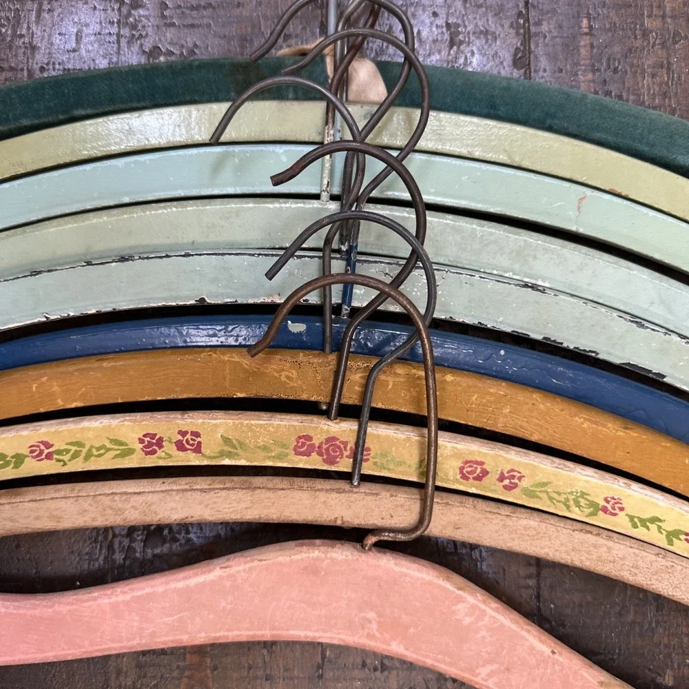 Vintage Painted Wooden Hangers Lot 12 Cottagecore Floral Velvet Shabby Chic